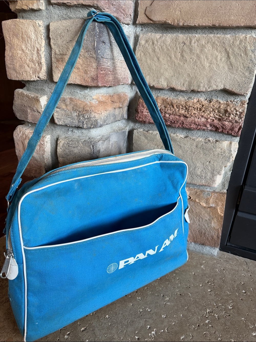 Vintage Pan Am Blue Canvas Travel Shoulder Bag with Front Pocket
